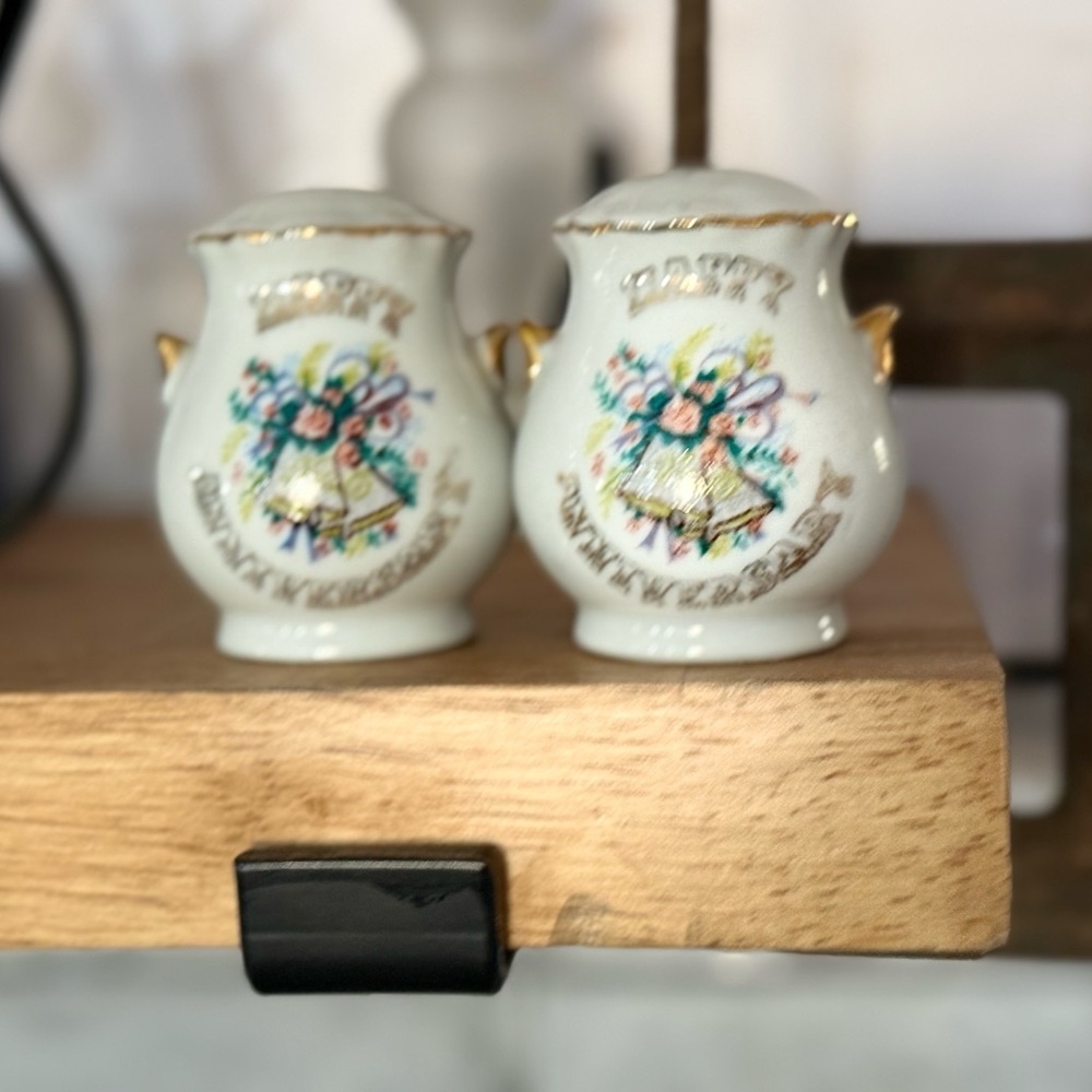 Collectible Gold Trimmed 50th Anniversary Ceramic Salt & Pepper Shaker set